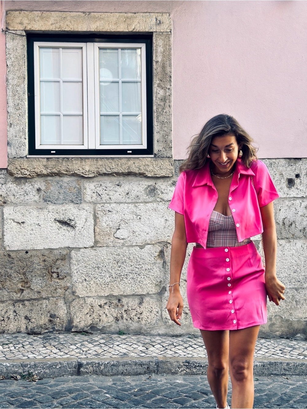Cropped Button-Front Mini Skirt Set in Hot Pink